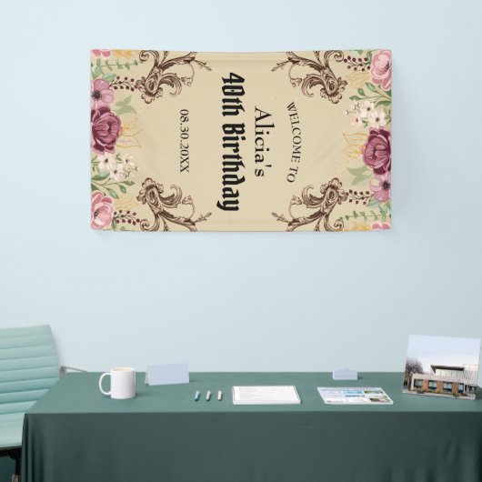  Maroon Gouden Bloemperkament Verjaardag Spandoek (Beurs)