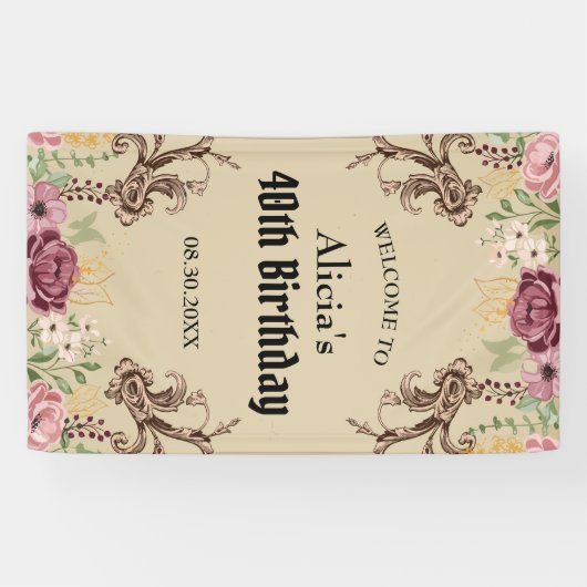  Maroon Gouden Bloemperkament Verjaardag Spandoek (Horizontaal)