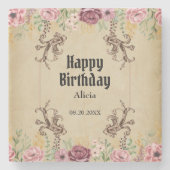  Maroon Gouden Bloemperkament Verjaardag Stenen Onderzetter (Voorkant)