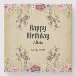  Maroon Gouden Bloemperkament Verjaardag Stenen Onderzetter