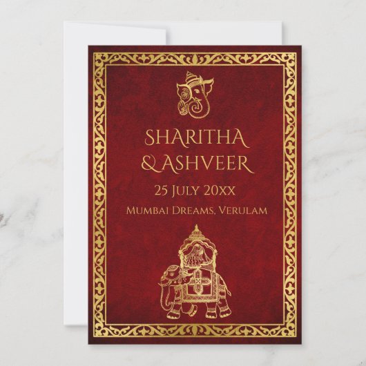 Maroon gouden olifant indiaanse bruiden luxe bruil kaart (Voorkant)