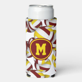 Maroon gouden volleyballen patroon monogram seltzer blikjeskoeler