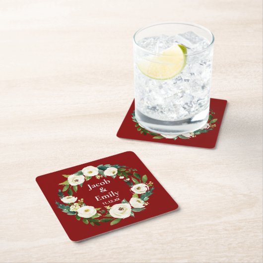 Maroon Greenery Gepersonaliseerde Namen Datum Huwe Kartonnen Onderzetters (Insitu)