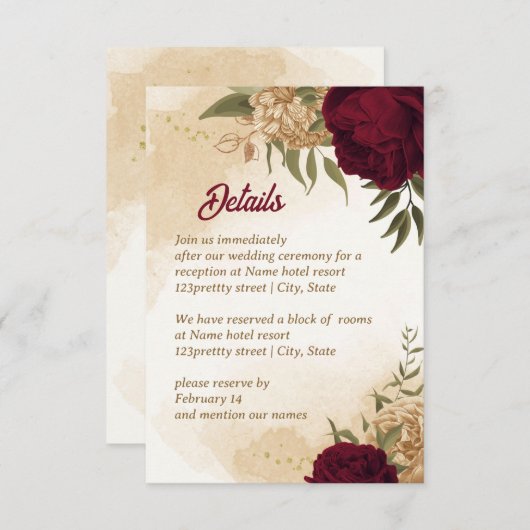 Maroon groen beige goud botanisch informatiekaartje (Voorkant / Achterkant)