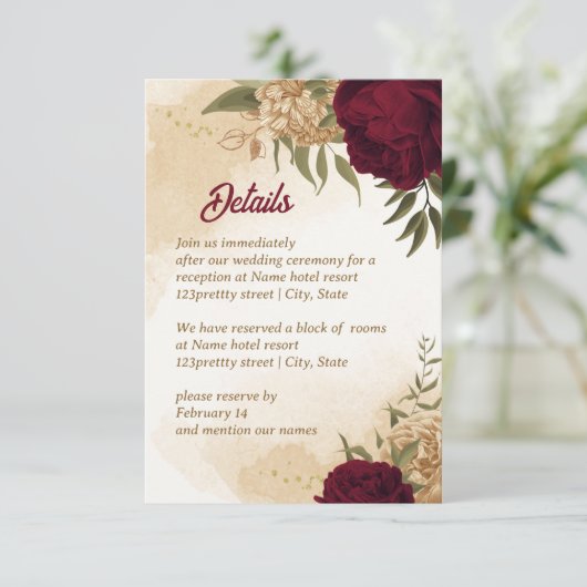 Maroon groen beige goud botanisch informatiekaartje (Staand voorkant)