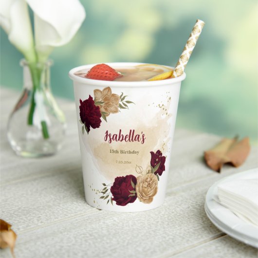 Maroon groen beige goud botanisch papieren bekers (Insitu)