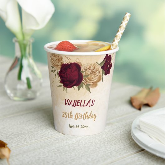 Maroon groen beige goud botanisch papieren bekers (Insitu)