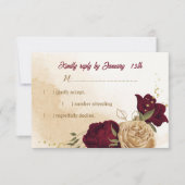 Maroon groen beige goud botanisch RSVP kaartje (Voorkant)