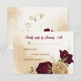 Maroon groen beige goud botanisch RSVP kaartje