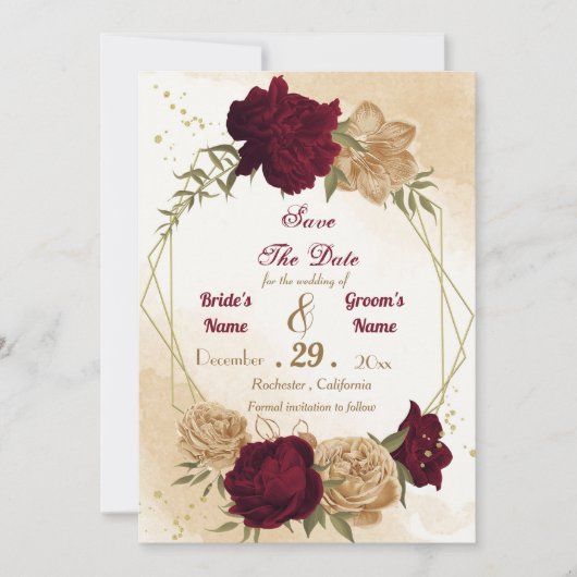 Maroon groen beige goud botanisch save the date (Voorkant)