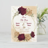 Maroon groen beige goud botanisch save the date (Staand voorkant)