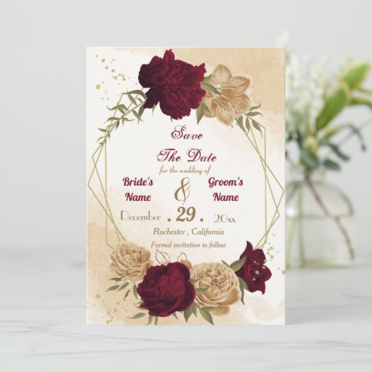 Maroon groen beige goud botanisch save the date (Staand voorkant)