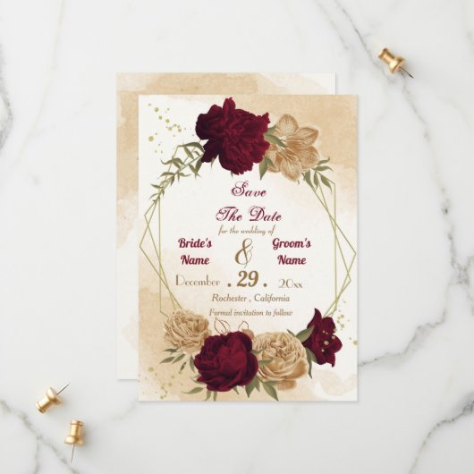 Maroon groen beige goud botanisch save the date (Voorkant / Achterkant in situ)