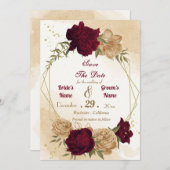 Maroon groen beige goud botanisch save the date (Voorkant / Achterkant)