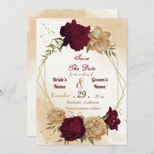 Maroon groen beige goud botanisch save the date (Voorkant / Achterkant)