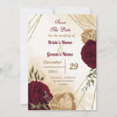 Maroon groen beige goud botanisch save the date (Voorkant)