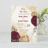 Maroon groen beige goud botanisch save the date (Staand voorkant)