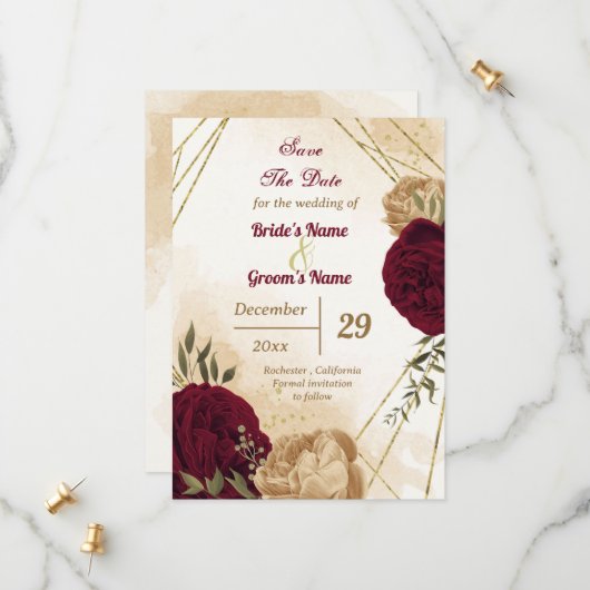 Maroon groen beige goud botanisch save the date (Voorkant / Achterkant in situ)