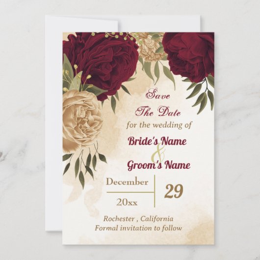 Maroon groen beige goud botanisch save the date (Voorkant)
