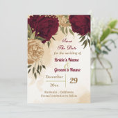 Maroon groen beige goud botanisch save the date (Staand voorkant)