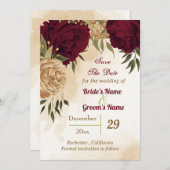 Maroon groen beige goud botanisch save the date (Voorkant / Achterkant)