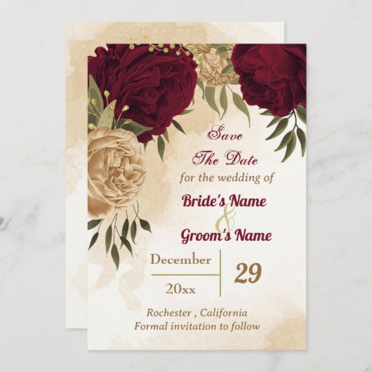 Maroon groen beige goud botanisch save the date (Voorkant / Achterkant)
