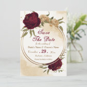 Maroon groen beige goud botanisch save the date (Staand voorkant)