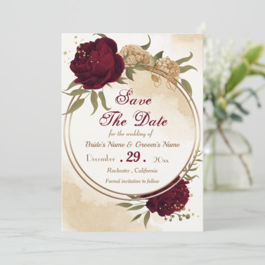 Maroon groen beige goud botanisch save the date (Staand voorkant)