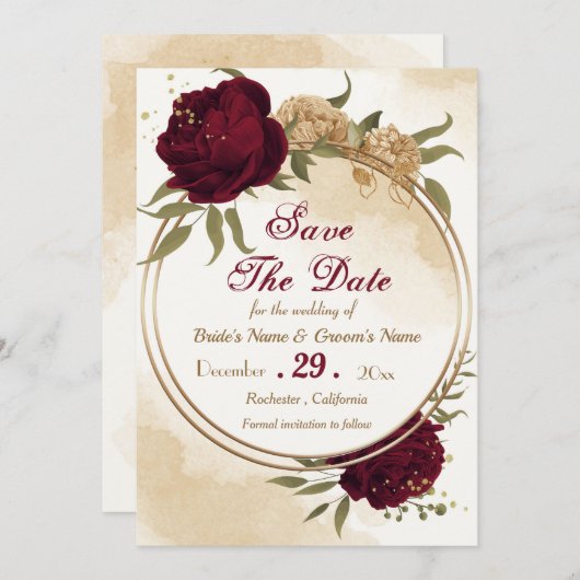 Maroon groen beige goud botanisch save the date (Voorkant / Achterkant)