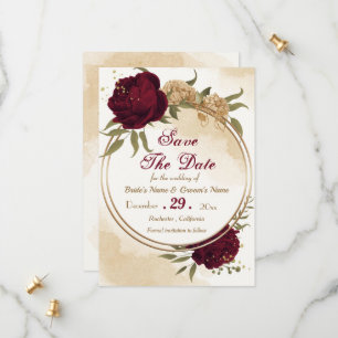 Maroon groen beige goud botanisch save the date