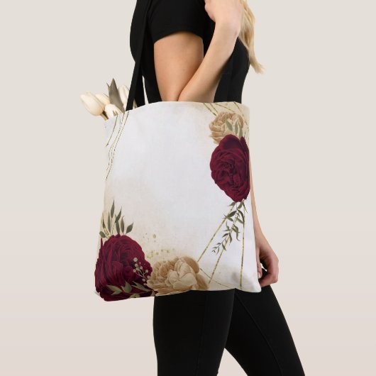 Maroon groen beige goud botanisch tote bag (Dichtbij)