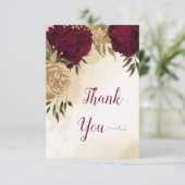 Maroon groen beige goud botanische bruiloft bedankkaart (Staand voorkant)