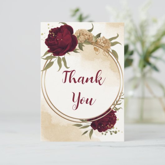 Maroon groen beige goud botanische bruiloft bedankkaart (Staand voorkant)