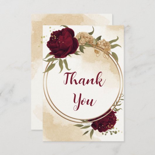 Maroon groen beige goud botanische bruiloft bedankkaart (Voorkant / Achterkant)