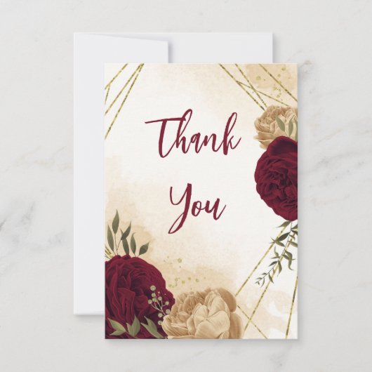 Maroon groen beige goud botanische bruiloft bedankkaart (Voorkant)