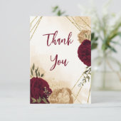 Maroon groen beige goud botanische bruiloft bedankkaart (Staand voorkant)
