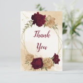 Maroon groen beige goud botanische bruiloft bedankkaart (Staand voorkant)