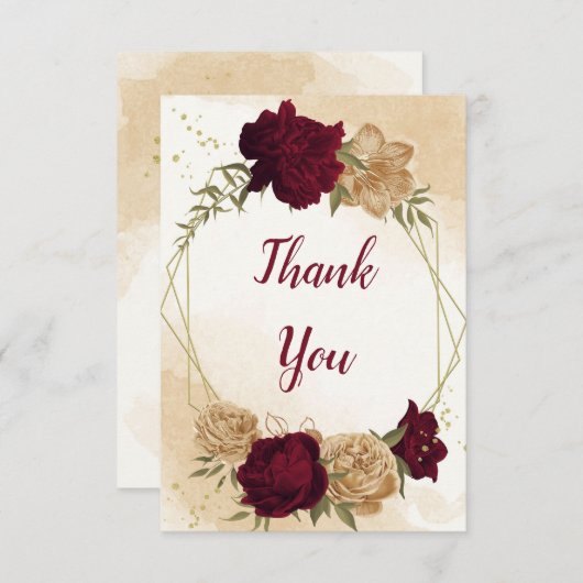 Maroon groen beige goud botanische bruiloft bedankkaart (Voorkant / Achterkant)