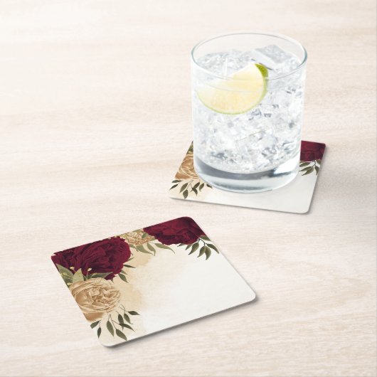 Maroon groen beige goud botanische bruiloft kartonnen onderzetters (Insitu)