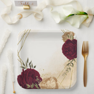 Maroon groen beige goud botanische bruiloft papieren bordje