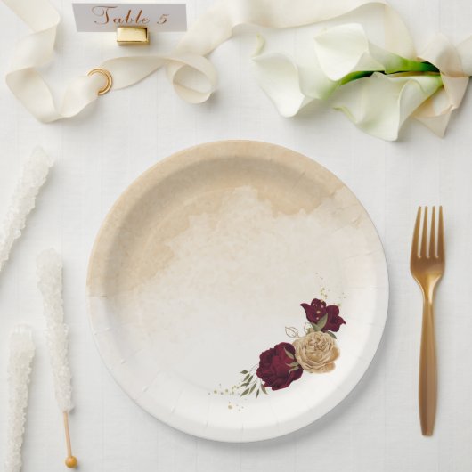 Maroon groen beige goud botanische bruiloft papieren bordje (Huwelijk)