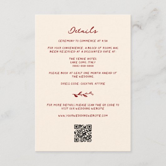 Maroon Hand getrokken bruiloft details Informatiekaartje (Voorkant)