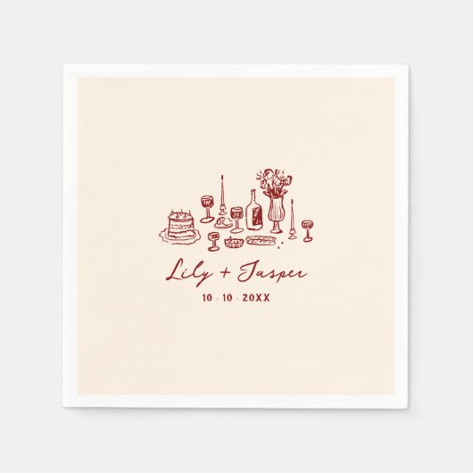 Maroon Hand getrokken bruiloft Servet (Voorkant)