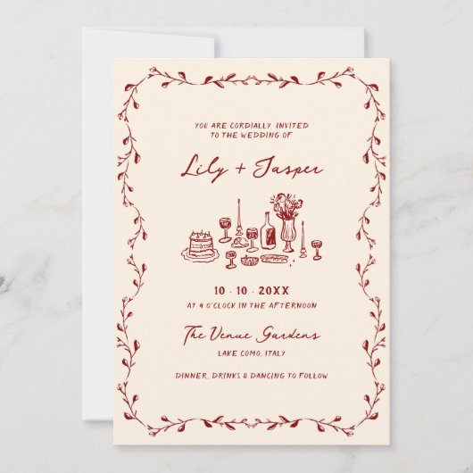 Maroon Hand getrokken bruiloft uitnodiging (Voorkant)