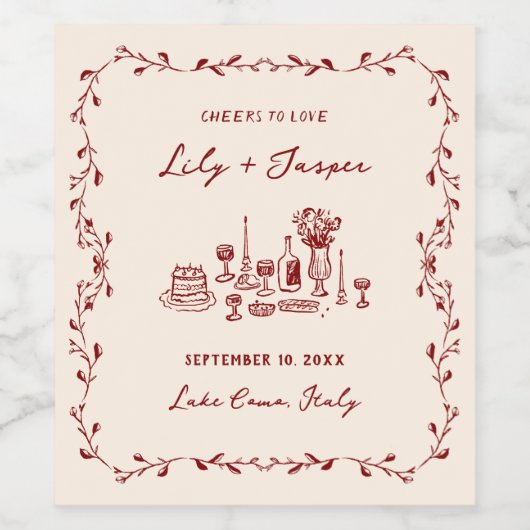 Maroon Hand getrokken bruiloft Wijn Etiket (Enkel label)