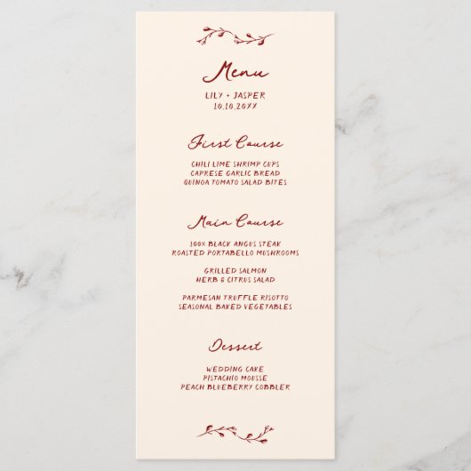 Maroon Handgeschreven Wedding Menu (Voorkant)