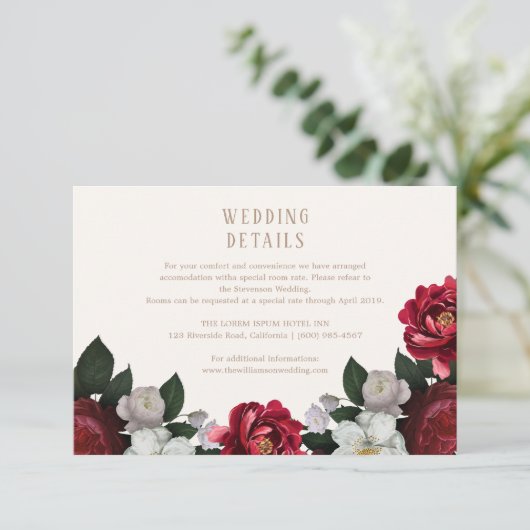 Maroon Herfst Botanische en bloemenbruiloft detail Informatiekaartje (Staand voorkant)