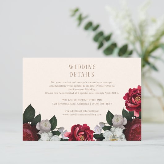 Maroon Herfst Botanische en bloemenbruiloft detail Informatiekaartje (Staand voorkant)