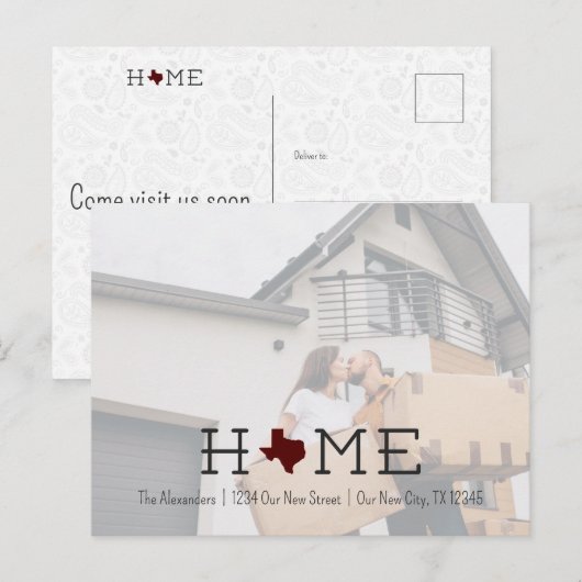Maroon HOME Texas Moving Announement Briefkaart (Voorkant / Achterkant)