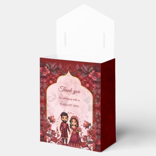 Maroon Indiase bruiloft schattig bruidspaar gedruk Bedankdoosjes (Geopend)